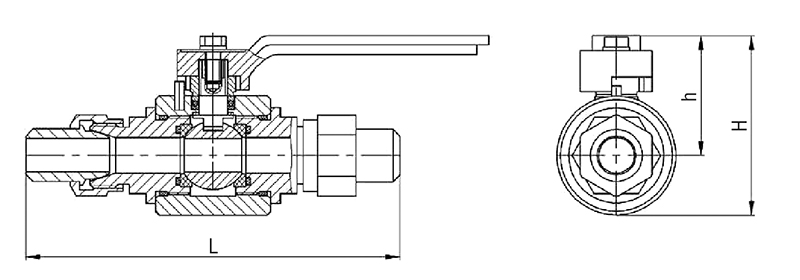 Габаритный чертеж кранов шаровых штуцерно-ниппельных КШ серии 2110
